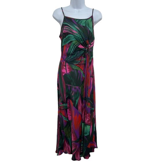Farm Rio Midnight Leaves Tank Midi Dress Green Pink Tropical Cut Out Tie Waist M - Picture 2 of 14